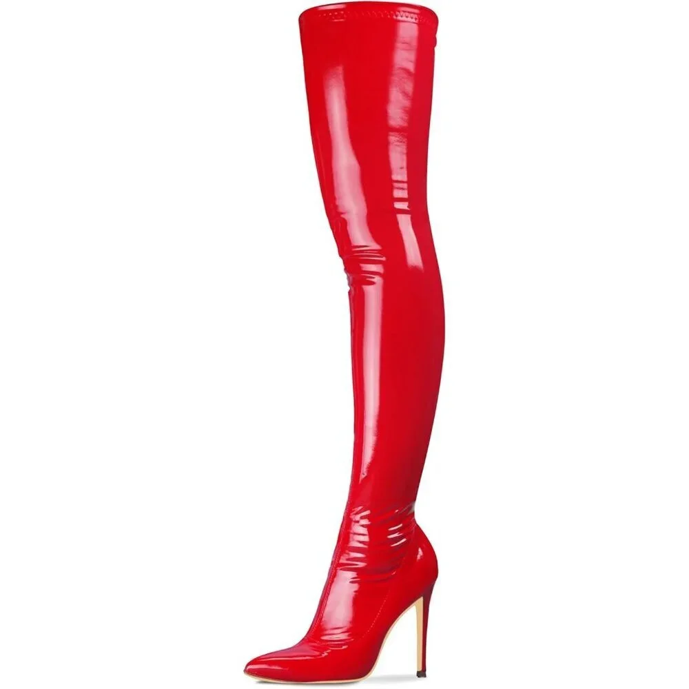 Women Red Patent pu Side Zipper Stiletto High Heel Over The Knee Comfy Boots